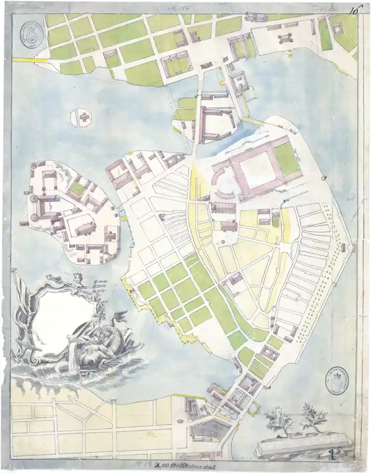 Karta över Gamla stan, Riddarholmen, Slussen, Helgeandsholmen och del av Norrmalm