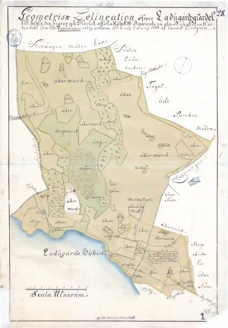 Karta över Ladugårdsgärdet och förslag till plats för tegelslageri