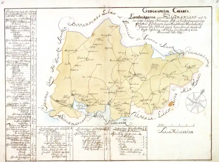 Geografisk karta över landsvägarna genom Västmanland med de därintill belägna ordinarie post- och gästgivaregårdarna, författad av ordinarie lantmätaren Abraham Hesselgren