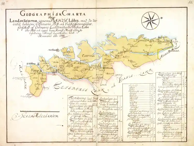 Geografisk karta över landsvägarna genom Bohuslän med de därintill belägna ordinarie post- och gästgivaregårdarna, författad av ordinarie lantmätaren Torsten Lohm