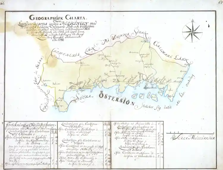 Geografisk karta över landsvägarna genom Blekinge med de därintill belägna ordinarie post- och gästgivaregårdarna, författad av ordinarie lantmätaren Matthias Hesselgren