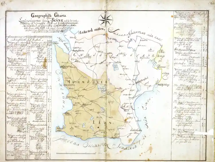 Geografisk karta över landsvägarna genom Skåne med de därintill belägna ordinarie post- och gästgivaregårdarna, författad av ordinarie lantmätaren AntonCiopinger