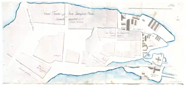 Situationsplan över stranden från Stora Ladugårdslandsbron till Arsenalskvarteret vid Kungsträdgården, samt Kyrkholmen.