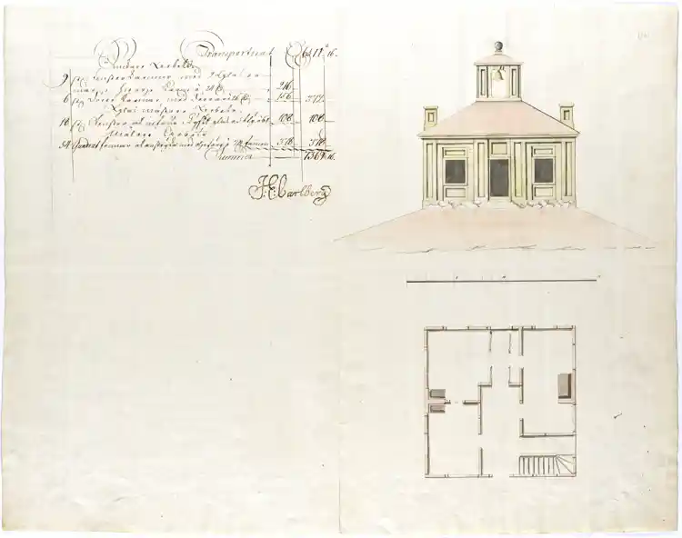 Memorial-, plan- och fasad.