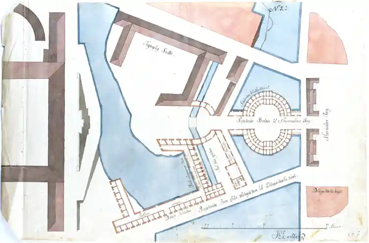 Generalplan utvisande Kungliga Slottets norra del, Kungliga Stallet, Helgeandsholmen, Fatbursholmen, Corps de Garde vid Norrmalmstorg nuv. Gust. Ad. Torg,, projekterade broar och bodar.