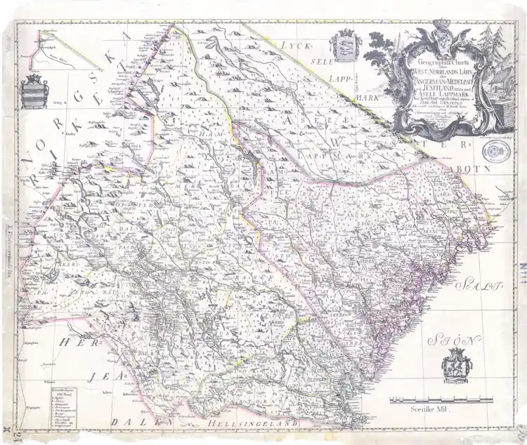 Geografisk karta över Västernorrlands län eller Ångermanland, Medelpad och Jämtland, tillika med Åsele lappmark