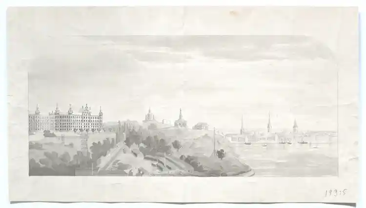 Utsikt från trakten vid vid Erstabergen över Fåfängan och Gamla Stan. Katarina Kyrka i fonden,. Tuschteckning