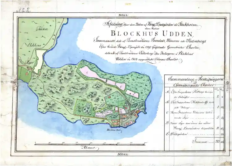 Avritning av den delen av Kungliga Djurgården vid Stockholm som kallas Blockhusudden