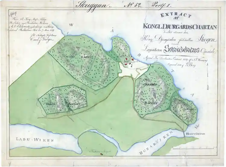 Extrakt av Kungliga Djurgårdskartan vilket utvisar den Kungliga Djurgården förbehållna skogen inom lägenheten Skuggans område