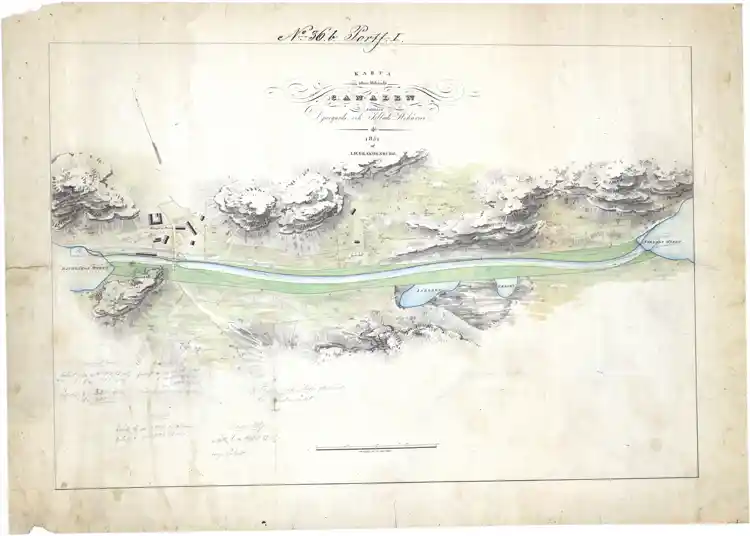 Karta över blivande kanalen mellan Djurgårds- och Isbladsvikarna