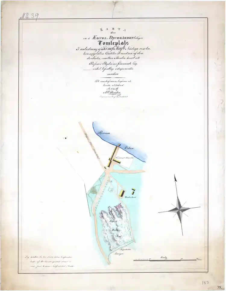 Karta över en å Kungliga Djurgården belägen tomtplats i anledning av Kungliga Majestäts nådiga resolution upplåten konditor Davidson af den därstädes, emellan teaterhuset och professor Byströms förunnade lägenhet, befintliga odisponerade marken
