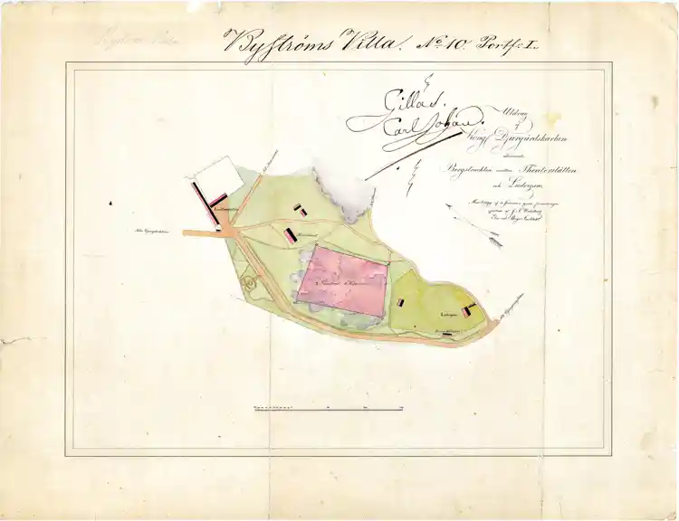 Utdrag av Kungliga Djurgårdskartan utvisande bergstrakten mellan Teaterslätten och Ludvigsro, Byströms villa