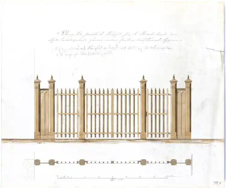 Ritning till provisoriskt stängsel i gränden mellan kv. Näckström och Styrpinnen vid ingången till Berzelii Park
