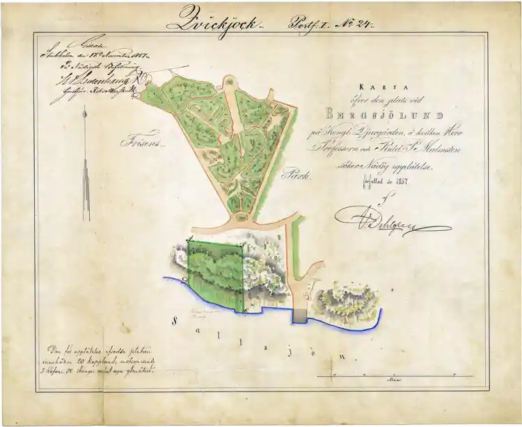 Karta över den plats vid Bergsjölund på Kungliga Djurgården å vilken herr professorn och riddaren P Malmsten söker nådig upplåtelse