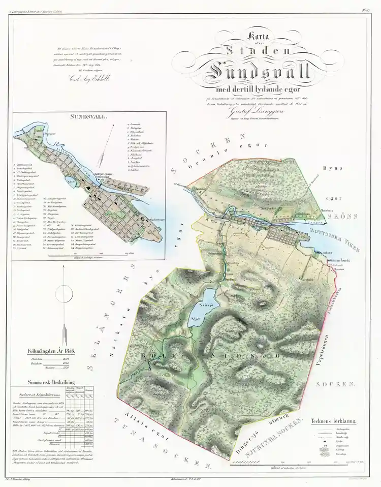 Karta över staden Sundsvall med därtill lydande ägor