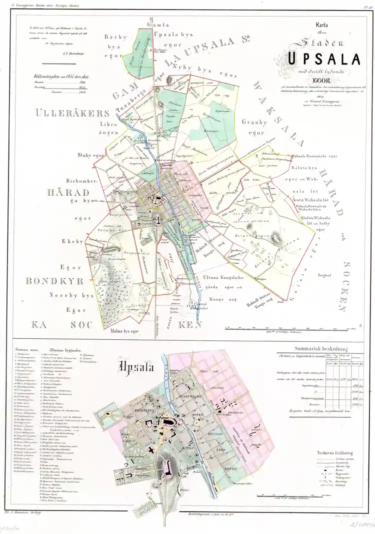 Karta över staden Uppsala med därtill lydande ägor