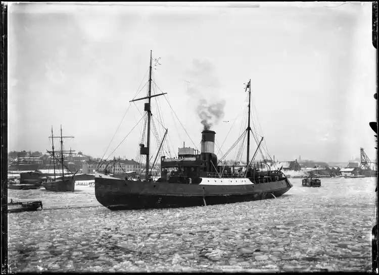 Fartyg på Ladugårdslandsviken. I bakgrunden Södra Djurgården med Hällestadsstapeln, Cirkus och Beckholmen samt Danvikens ålderdomshem och Henriksborg.