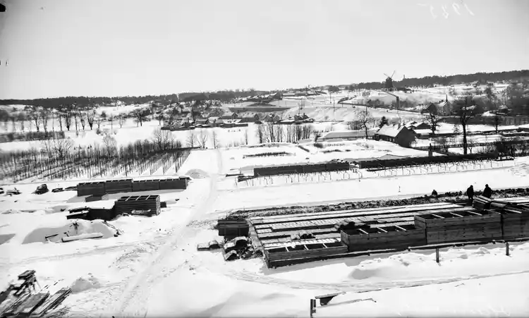 Utsikt över Skanstull, i förgrunden Stockholm stads trädgårdar. I fonden Skanskvarn.